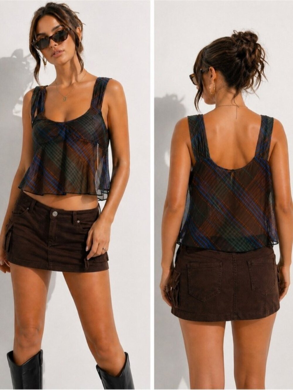 Princess Polly Earth Club Sheer Plaid Tank Top Size US 12 (AU 16) NWT